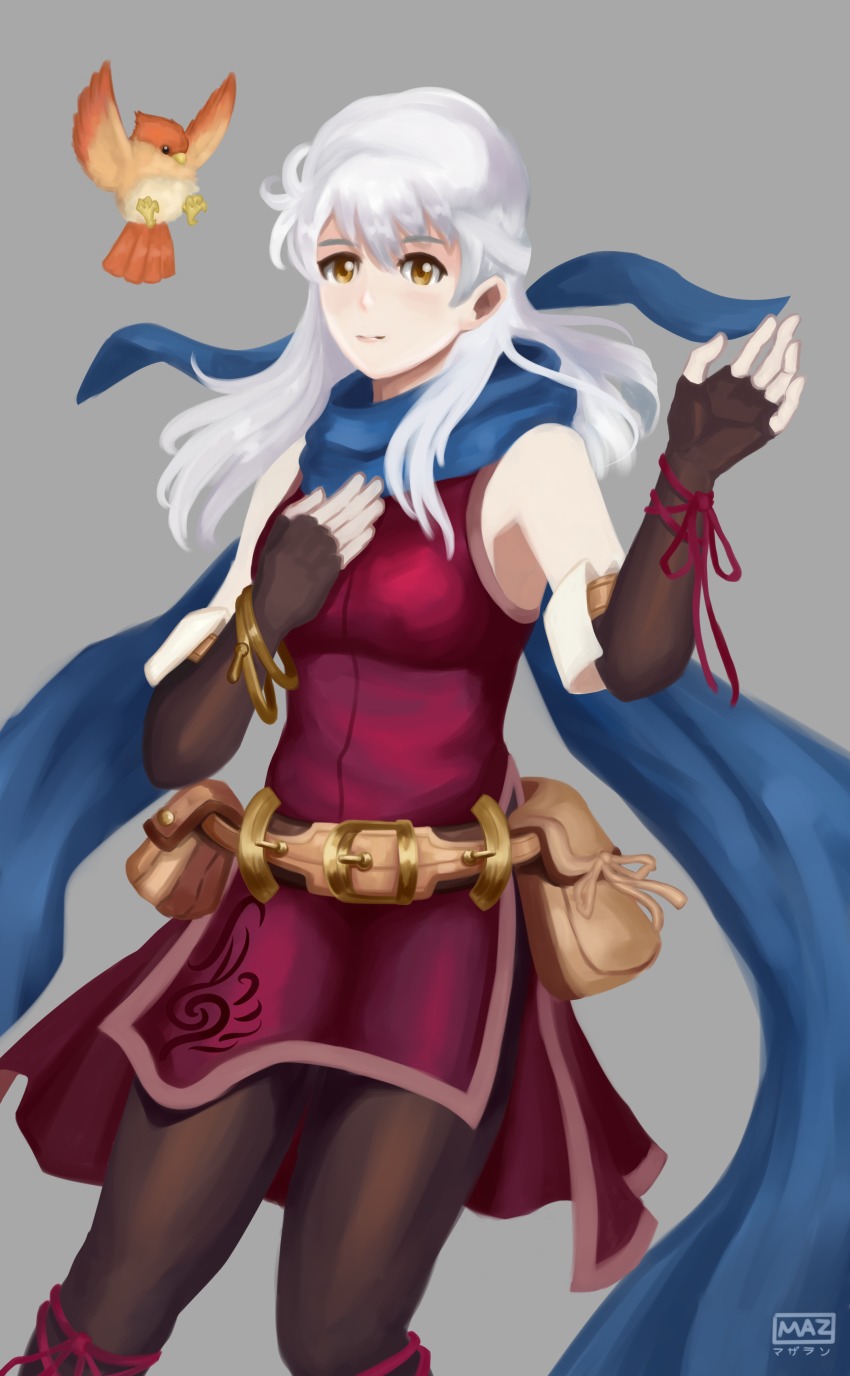 1girl, absurdres, bangle, bare_shoulders, belt, bird, black_gloves, black_pantyhose, blue_scarf, bracelet, dress, elbow_gloves, female_focus, fingerless_gloves, fire_emblem, fire_emblem:_radiant_dawn, gloves, grey_background, half_updo, highres, jewelry, mazarin, micaiah_(fire_emblem), nintendo, pantyhose, scarf, side_slit, silver_hair, simple_background, sleeveless, sleeveless_dress, solo, yellow_eyes, yune_(fire_emblem)