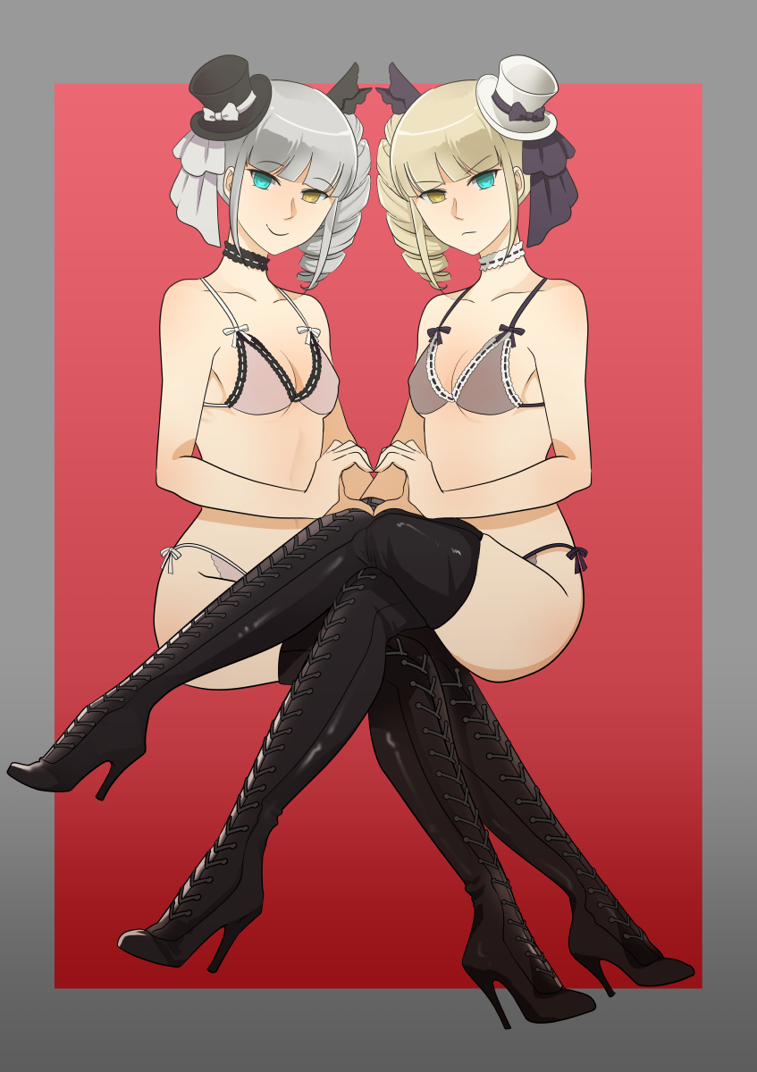 2girls, aqua_eyes, bad_id, bad_pixiv_id, black_footwear, blonde_hair, blunt_bangs, boots