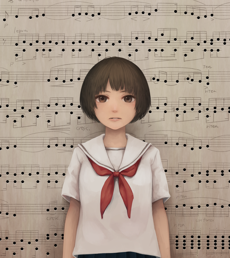 1girl, accent_mark, beamed_eighth_notes, beamed_sixteenth_notes, brown_eyes, brown_hair, commentary, dotted_eighth_note, eighth_note, eighth_rest, female_focus, grace_note, looking_at_viewer, musical_note, natural_sign, neckerchief, original, parted_lips, quarter_note, red_neckerchief, sailor_collar, school_uniform, serafuku, sharp_sign, shirt, short_hair, solo, staccato, musical_staff, upper_body, white_sailor_collar, white_shirt, yajirushi_(chanoma)