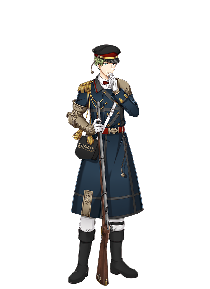 1boy, aiguillette, antique_firearm, aqua_eyes, armor, black_boots, bolt_action, boots, buttons, coat, double-breasted, enfield_(senjuushi), epaulettes, firearm, full_body, gauntlets, gloves, green_hair, gun, hat, holding, holding_gun, holding_weapon, kinoshita_sakura, lee-enfield, long_coat, male_focus, military, military_uniform, official_art, peaked_cap, rifle, senjuushi:_the_thousand_noble_musketeers, senjuushi_(series), short_hair, shoulder_armor, single_gauntlet, smile, solo, tachi-e, transparent_background, weapon, white_gloves