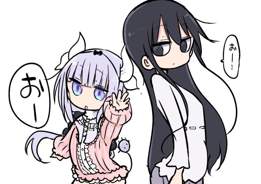 2girls, black_eyes, black_hair, blue_eyes, cool-kyou_shinja, creator_connection, dragon_girl, kanna_kamui