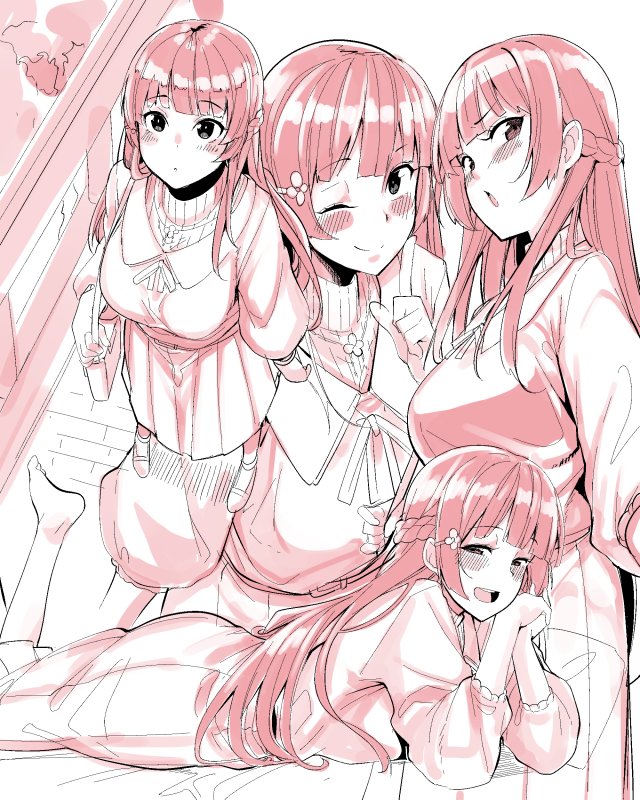 1girl, blouse, braid, breasts, hair_ornament, jewelry, large_breasts, long_hair, moketa, monochrome, necklace, nijisanji, reference_sheet, shirt, skirt, sweater, tsukino_mito, tsukino_mito_(casual), virtual_youtuber