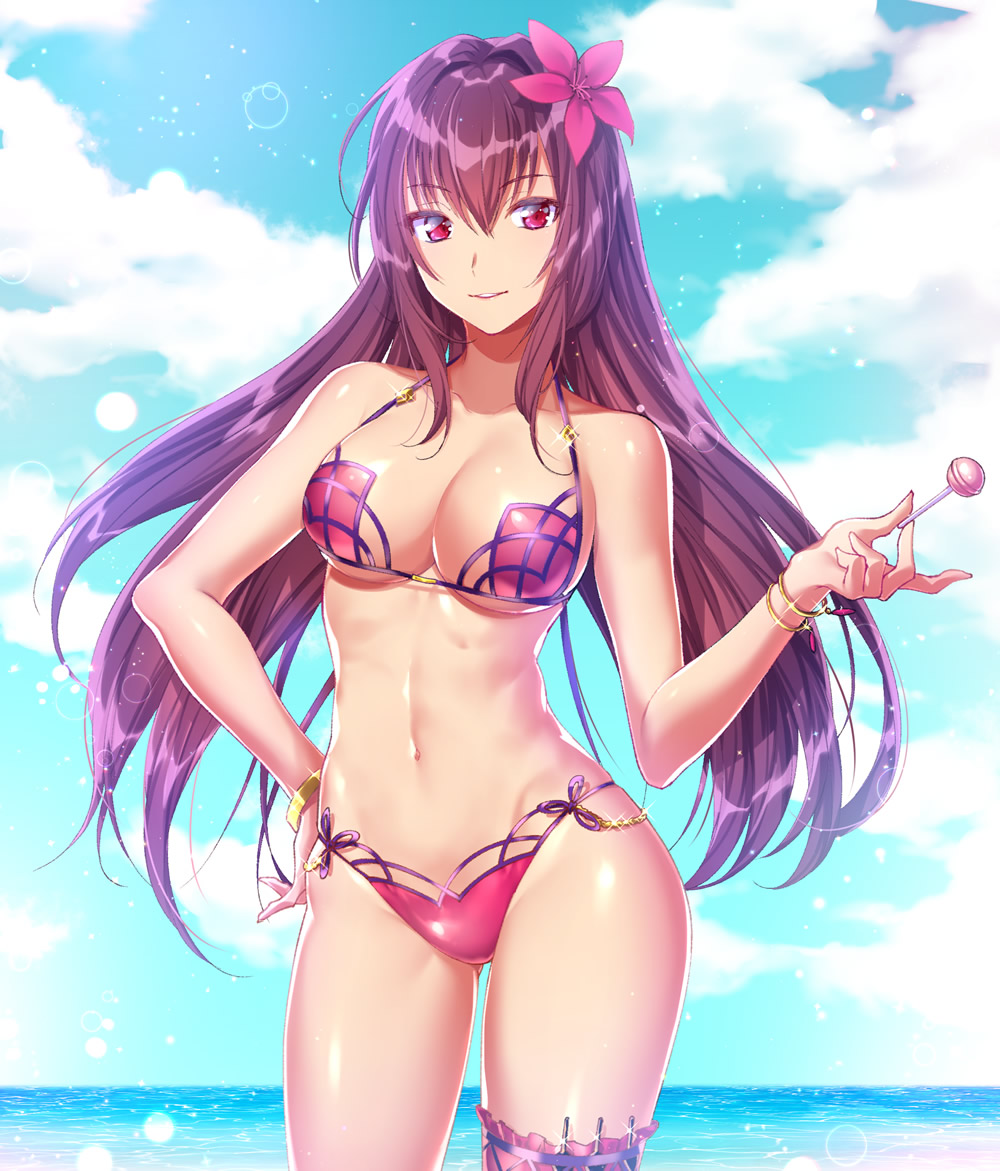 1girl, beach, bikini, blue_sky, bracelet, breasts, candy, cleavage, cloud, cloudy_sky, commentary_request, day, fate/grand_order, fate_(series), flower, food, hair_flower, hair_ornament, hibiscus, jewelry, kunai, large_breasts, frilled_thigh_strap, lollipop, looking_at_viewer, navel, ocean, pink_bikini, purple_bikini, purple_hair, red_eyes, scathach_(fate), scathach_(swimsuit_assassin)_(fate), sky, smile, sparkle, swimsuit, thigh_strap, tsuru_ringo, weapon