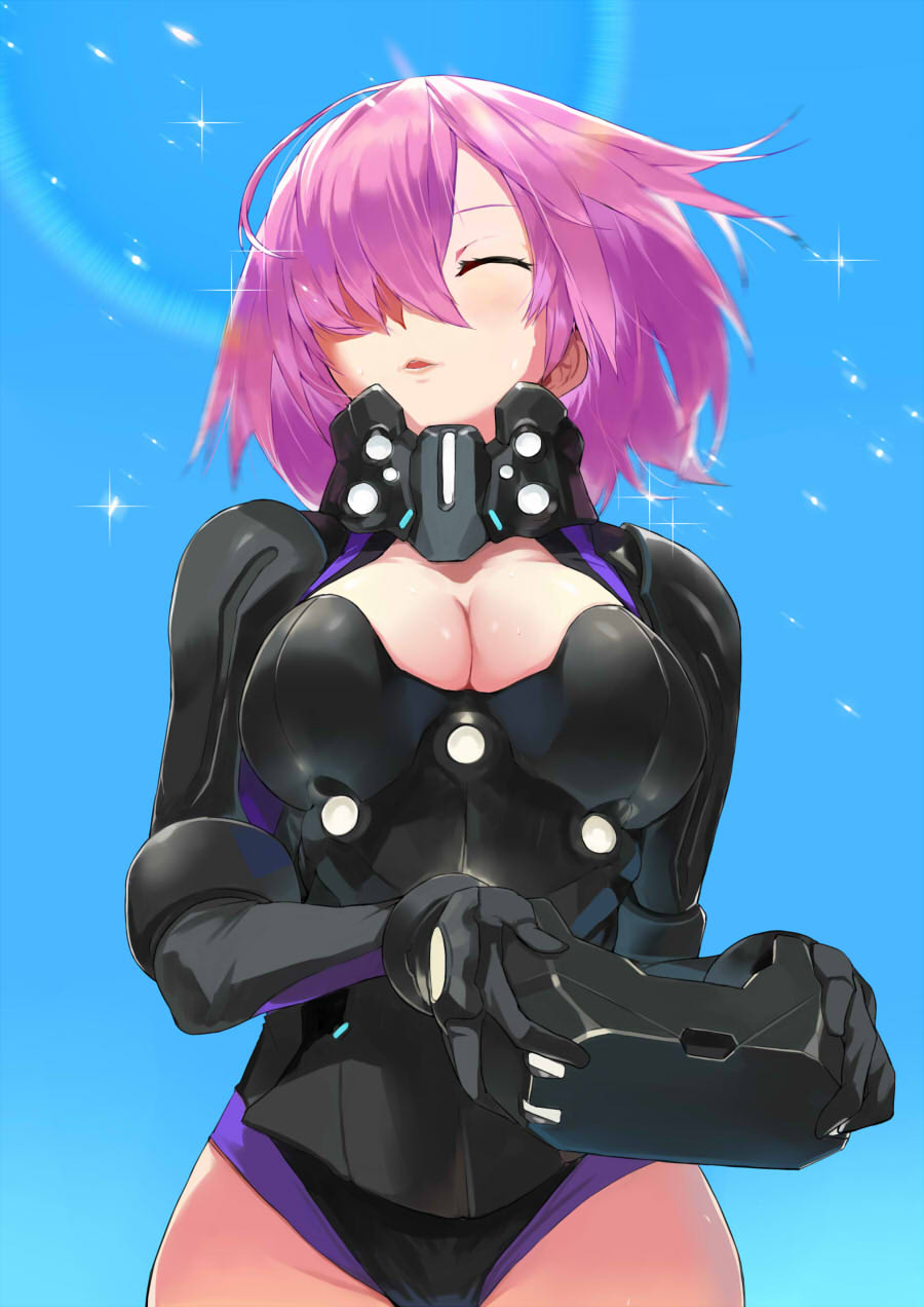 1girl, ^_^, ahoge, armored_leotard, black_gloves, black_leotard, blue_sky, blush