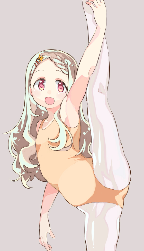 10s, 1girl, :d, aoba_kokona, arm_up, athletic_leotard, bad_id, bad_pixiv_id