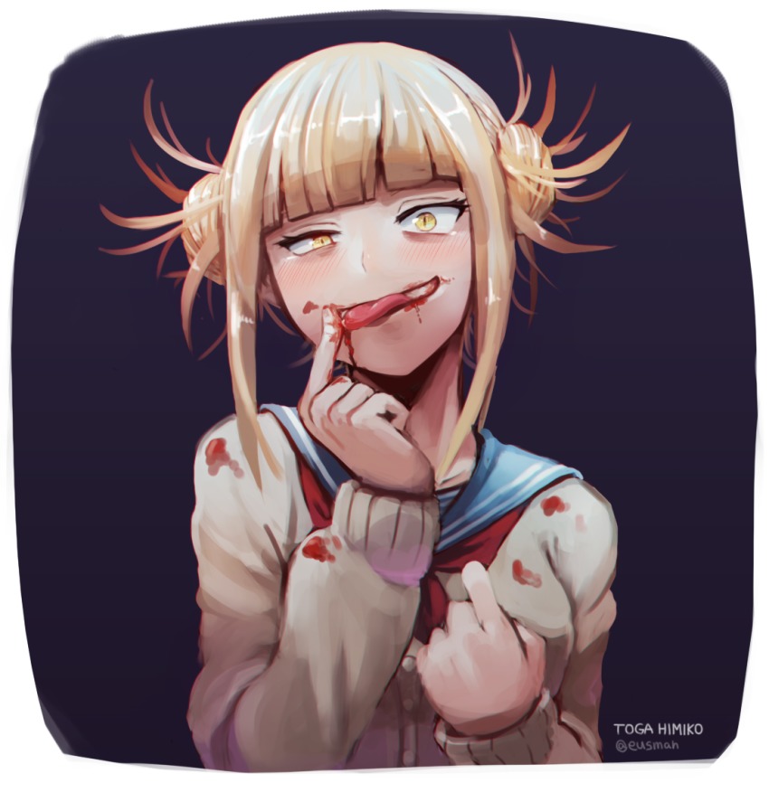 10s, 1girl, blonde_hair, blood, blood_on_clothes, blunt_bangs, boku_no_hero_academia, cardigan, character_name, double_bun, fangs, female_focus, hair_bun, hamsue, messy_hair, school_uniform, serafuku, slit_pupils, solo, toga_himiko, tongue, upper_body, yellow_eyes