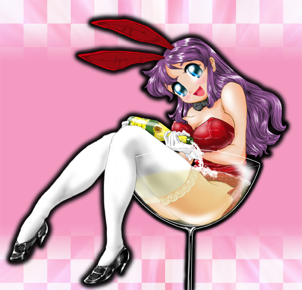 1girl, alcohol, animal_ears, black_bow, black_bowtie, blue_eyes, bottle, bow, bowtie, chalice, champagne, cup, detached_collar, fake_animal_ears, female_focus, long_hair, original, pekepeke, playboy_bunny, purple_hair, rabbit_ears, solo, submerged, thighhighs, wet, wet_clothes, white_thighhighs