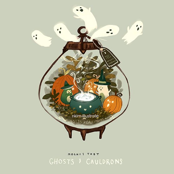 animal, artist_name, bird, cauldron, english_text, fox, ghost, green_background