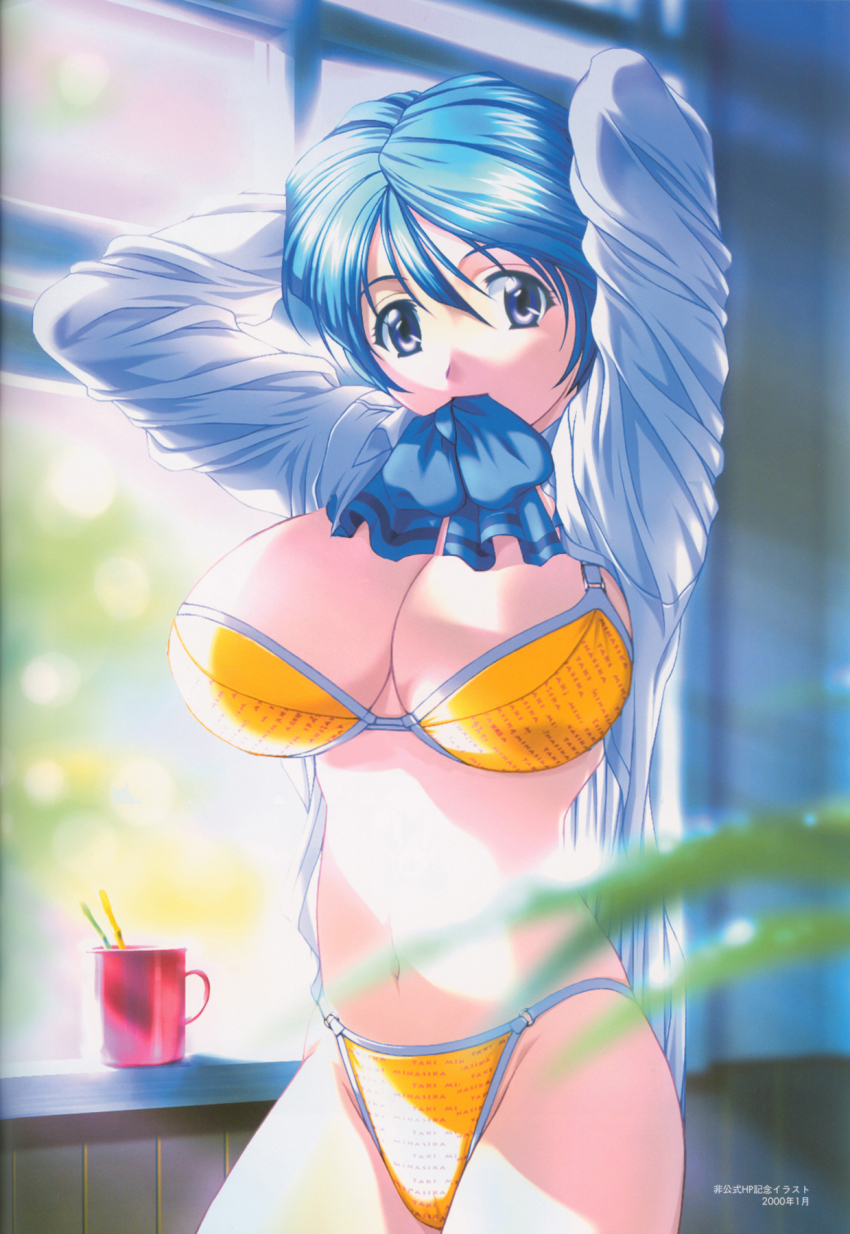 1girl, 2000, artist_name, blue_eyes, blue_skirt, blurry, bra, breasts