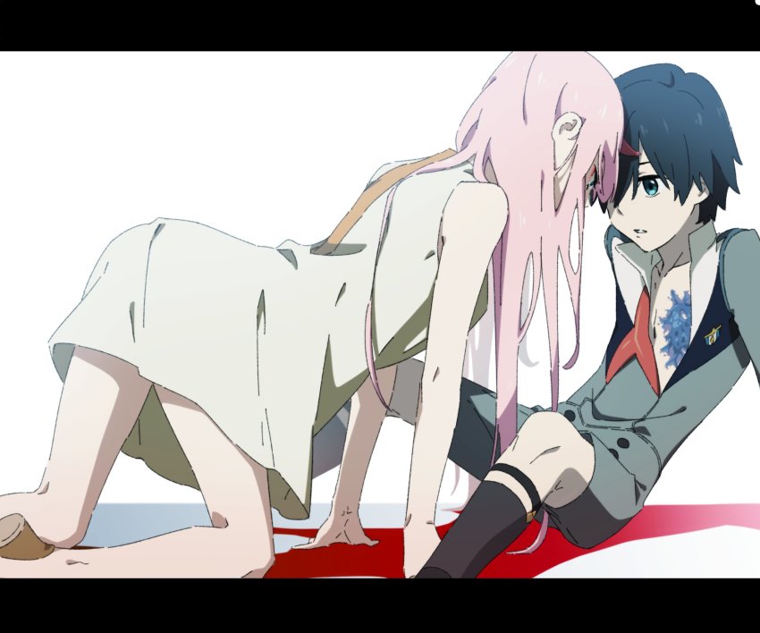 10s, 1boy, 1girl, black_hair, blue_eyes, couple, darling_in_the_franxx, face-to-face
