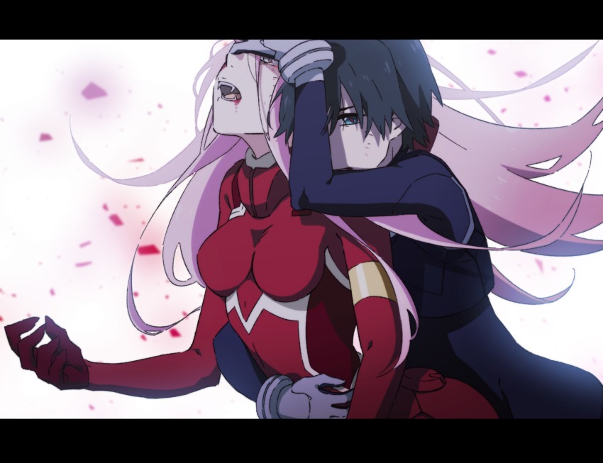 10s, 1boy, 1girl, black_hair, blue_eyes, couple, darling_in_the_franxx, fangs