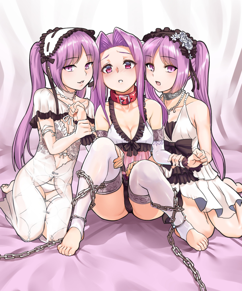 3girls, armlet, bare_shoulders, bonnet, breasts, chain, collar, crotch_seam, dress, euryale_(fate), euryale_(third_ascension)_(fate), fate/grand_order, fate_(series), feet, hairband, headdress, highres, jewelry, leotard, lolita_hairband, long_hair, looking_at_viewer, medium_breasts, medusa_(fate), medusa_(lancer)_(fate), medusa_(lancer)_(final_ascension)_(fate), medusa_(rider)_(fate), multiple_girls, official_alternate_costume, open_mouth, panties, purple_eyes, purple_hair, rider, siblings, sisters, sitting, small_breasts, smile, stheno_(fate), stheno_(third_ascension)_(fate), stirrup_legwear, thighhighs, toeless_legwear, toes, twins, twintails, underwear, very_long_hair, white_dress, white_legwear, white_panties, yewang19
