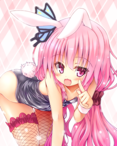 1girl, :d, animal_ears, argyle_background, argyle_clothes, bare_shoulders, black_leotard, butterfly_hair_ornament