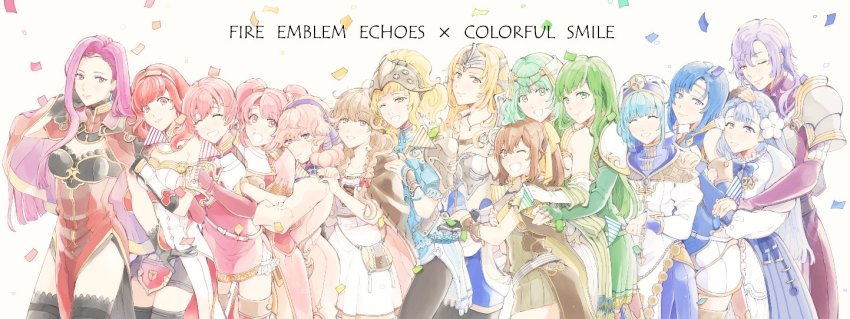 1boy, 6+girls, armor, artist_request, bare_shoulders, blonde_hair, blue_eyes, blue_hair