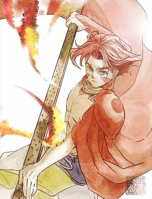 1boy, abs, bare_pectorals, blue_eyes, cape, facial_mark, fire, holding, holding_staff, houshin_engi, male_focus, pants, pectorals, red_hair, serious, shoulder_pads, simple_background, solo, staff, tomacobo, white_background