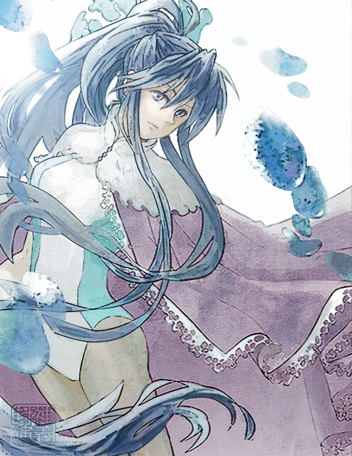 1girl, blue_eyes, breasts, bubble, cape, female_focus, frilled_cape, hair_between_eyes, high_ponytail, houshin_engi, legs_together, leotard, long_hair, medium_breasts, pantyhose, ponytail, purple_cape, ryuukitsu_koushu, sidelocks, simple_background, solo, tomacobo, very_long_hair, water, white_background