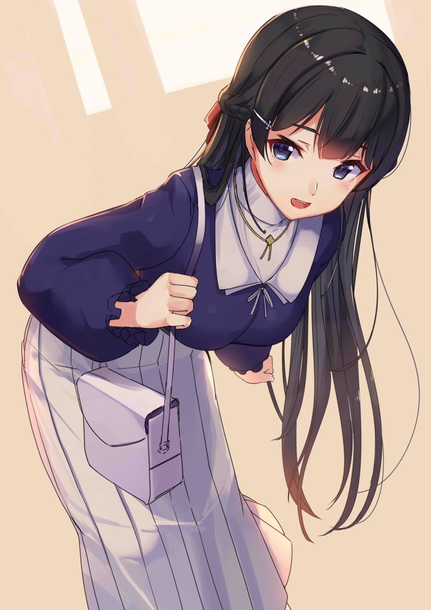 1girl, :d, akasaai, bag, bent_over, blue_eyes, blue_shirt, blunt_bangs