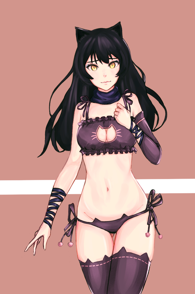 1girl, animal_ear_legwear, animal_ears, arm_at_side, bare_shoulders, black_bra, black_hair, black_panties, black_ribbon, black_scarf, blake_belladonna, blush, bra, breasts, cat_cutout, cat_ear_legwear, cat_ear_panties, cat_ear_thighhighs, cat_ears, cat_lingerie, cat_thighhighs, cleavage, cleavage_cutout, closed_mouth, clothing_cutout, detached_sleeves, female_focus, frilled_bra, frills, gluteal_fold, groin, hand_on_own_chest, leatzche, lips, long_hair, long_sleeves, medium_breasts, navel, panties, pom_pom_(clothes), ribbon, ribbon-trimmed_legwear, ribbon_trim, rwby, scarf, side-tie_panties, slit_pupils, solo, stomach, thigh_gap, two-tone_background, underwear, underwear_only, wristband, yellow_eyes