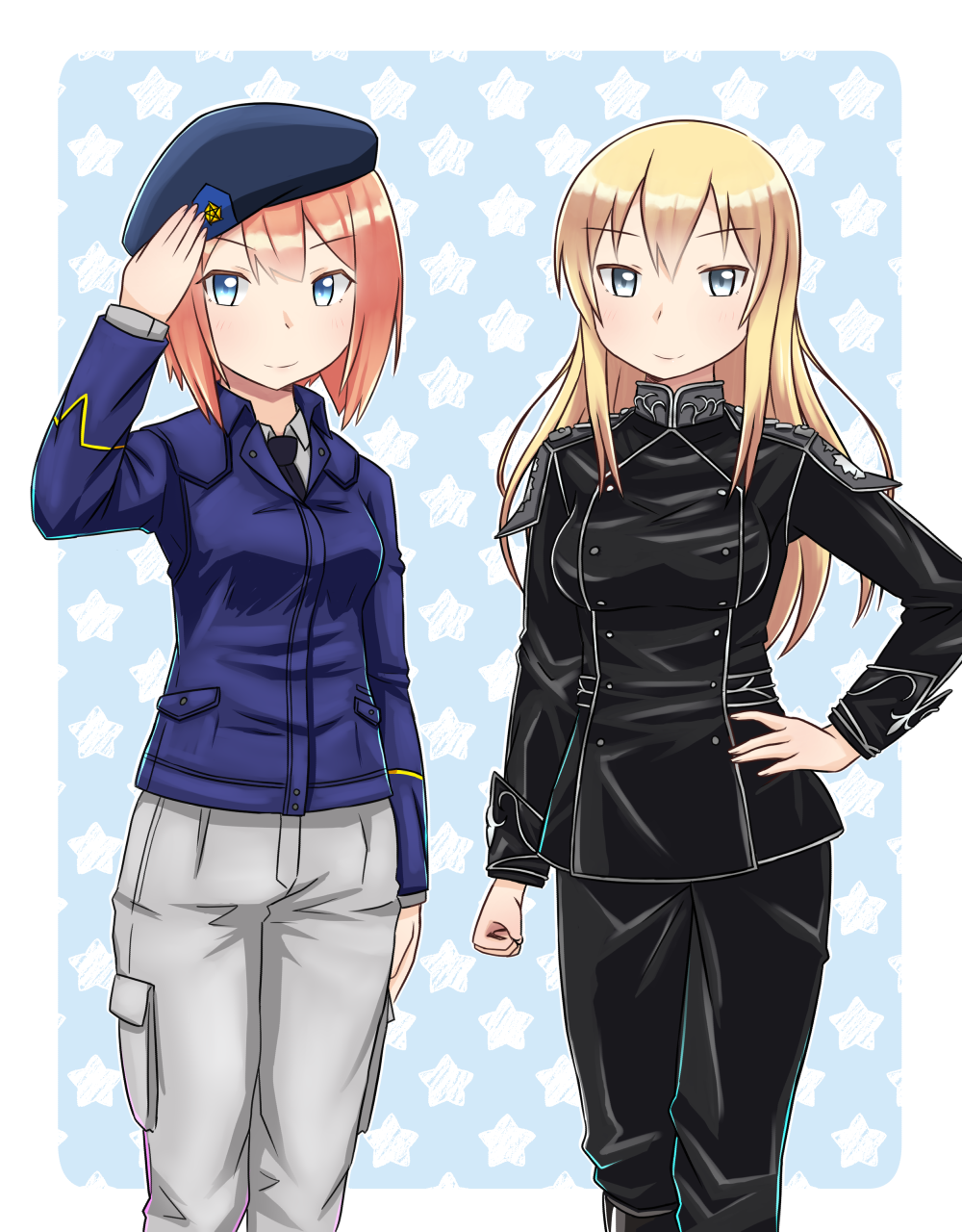 2girls, alternate_costume, ark_royal_(kancolle), beret, bismarck_(kancolle), black_jacket, black_pants, blonde_hair, blue_eyes, blue_jacket, bob_cut, buttons, cosplay, double-breasted, epaulettes, free_planets_alliance, galactic_empire_(gin'eiden), ginga_eiyuu_densetsu, grey_pants, hand_on_own_hip, hat, highres, jacket, kantai_collection, long_hair, long_sleeves, looking_at_viewer, military, military_uniform, multiple_girls, necktie, pants, red_hair, salute, smile, tsukemon
