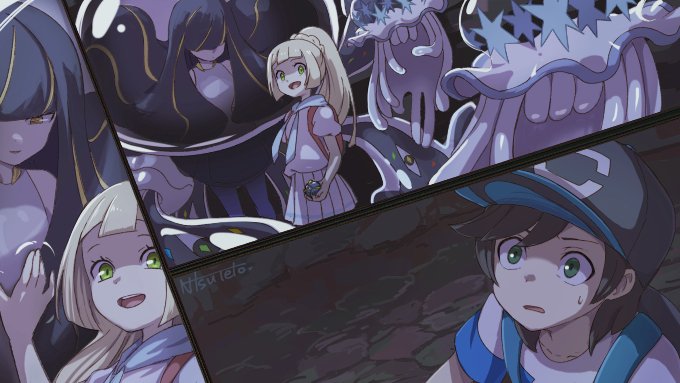 1boy, 2girls, alternate_universe, artist_name, backpack, bad_id, bad_twitter_id, bag