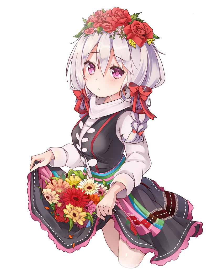 1girl, breasts, cowboy_shot, female_focus, flower, hair_between_eyes, hair_ribbon, head_wreath