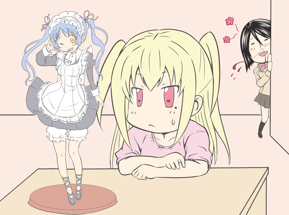 00s, 1boy, 1girl, :<, \m/, apron, bad_id, bad_pixiv_id, black_hair, blonde_hair, blood, blue_hair, brown_eyes, closed_eyes, figure, hair_ribbon, hairband, long_hair, maid, maid_apron, maria_holic, miyamae_kanako, mole, mole_under_eye, nosebleed, red_eyes, ribbon, school_uniform, shidou_mariya, shinouji_matsurika, short_hair, trap, yotsuha_(little_squash)