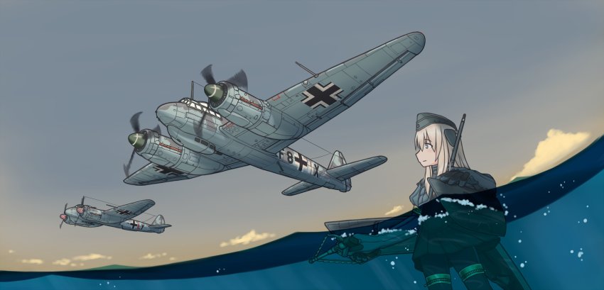 1girl, aircraft, airplane, balkenkreuz, blonde_hair, blue_eyes, cropped_jacket, cross, dornier_do217, female_focus, garrison_cap, hat, highres, kantai_collection, long_hair, looking_up, pantyhose, partially_submerged, partially_underwater_shot, porusasu, solo, u-511_(kancolle), underwater, vehicle_focus