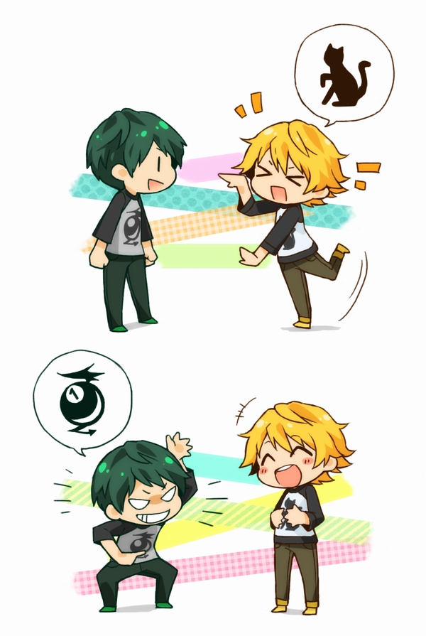 >:), >_<, 2boys, amaki_ikuma, blonde_hair, blush_stickers, chibi, full_body
