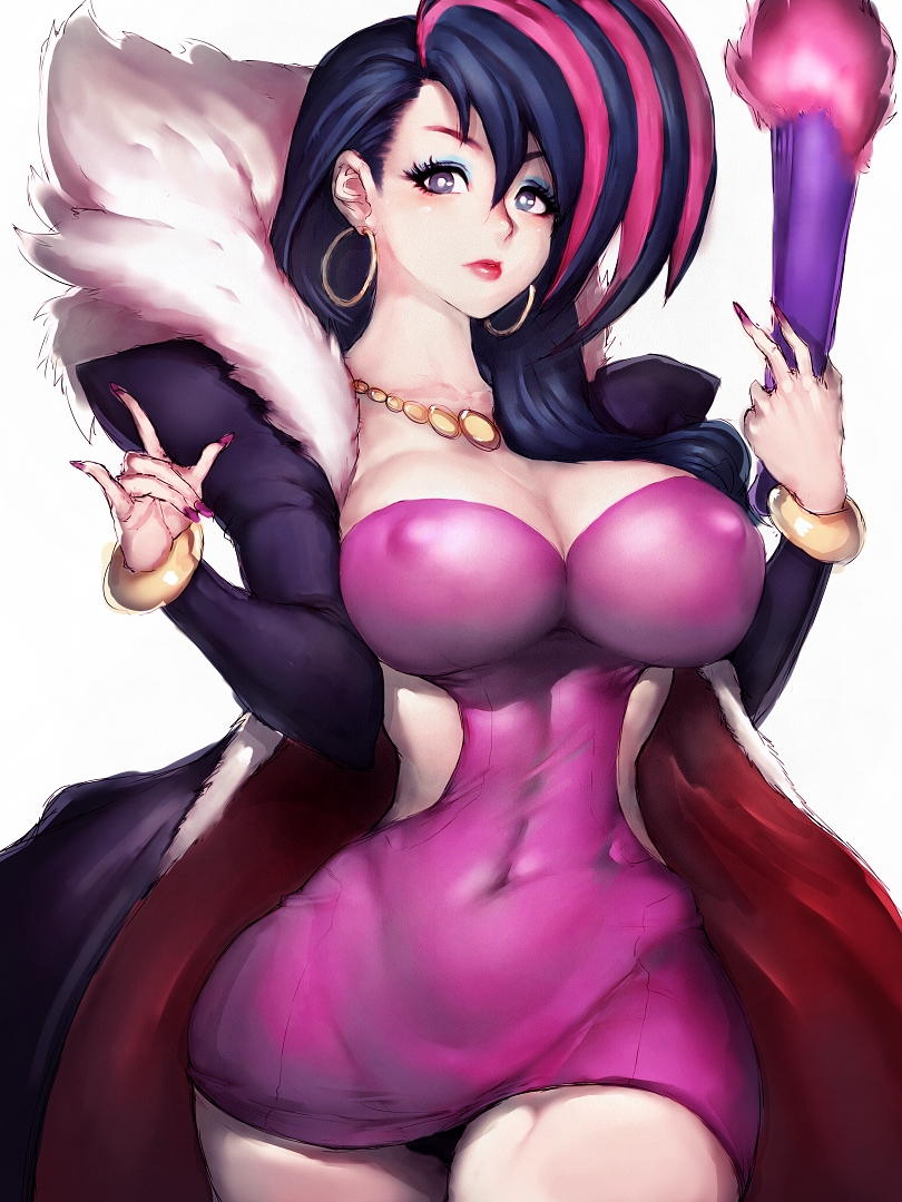 10s, 1girl, blue_eyes, blue_hair, bracelet, breasts, cleavage, collarbone, covered_erect_nipples, covered_navel, curvy, dress, earrings, female_focus, fumio_(rsqkr), fur_trim, hand_fan, hoop_earrings, hugtto!_precure, jewelry, large_breasts, lipstick, long_hair, makeup, multicolored_hair, necklace, papple_(precure), pink_dress, pink_hair, precure, short_dress, simple_background, solo, thighs, two-tone_hair, wide_hips