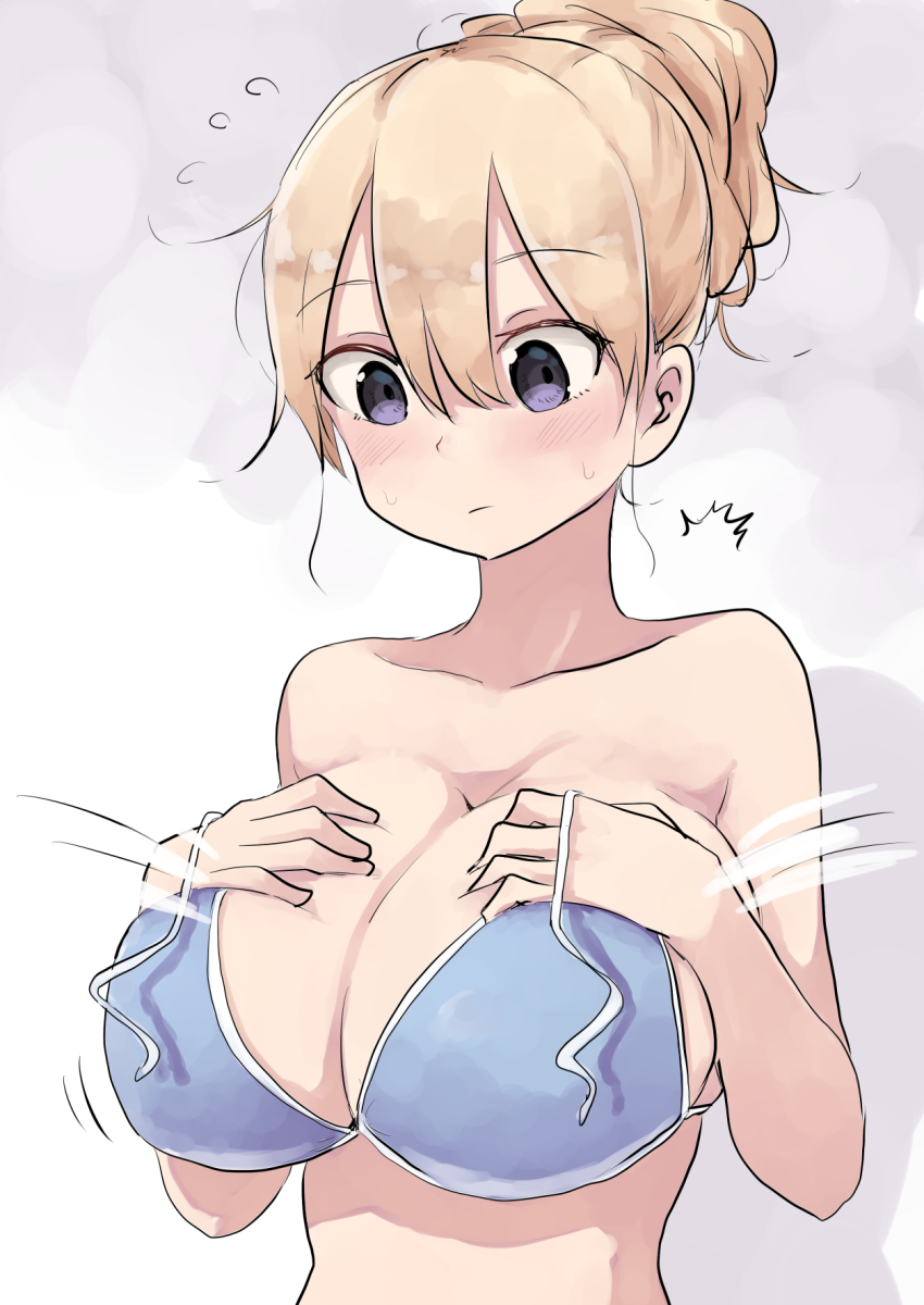 1girl, ^^^, bikini, blonde_hair, blue_bikini, blush, breasts, cleavage