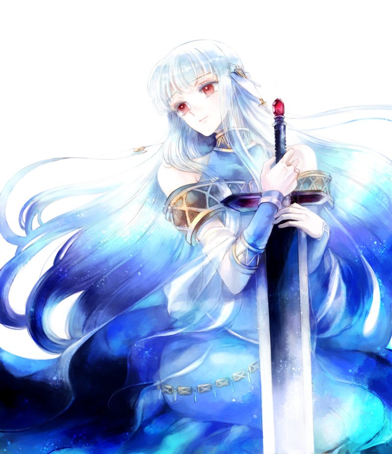 1girl, bad_id, bad_twitter_id, bare_shoulders, blue_hair, cape, dress, durandal
