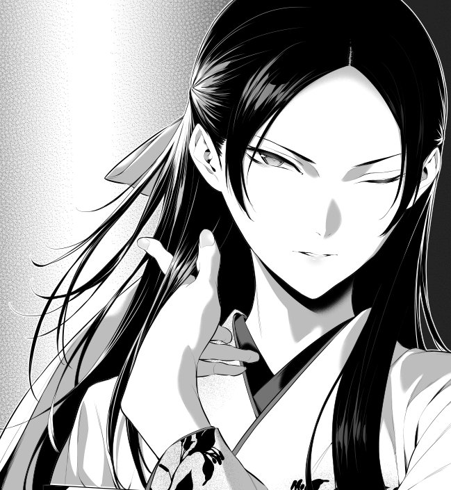 1girl, commentary_request, female_focus, fingernails, forehead, greyscale, hair_ribbon, hiiragi_yuuichi, japanese_clothes, kakegurui, kakegurui_midari, kimono, long_hair, long_sleeves, looking_at_viewer, monochrome, nishinotouin_yuriko, one_eye_closed, parted_bangs, parted_lips, ribbon, solo, upper_body
