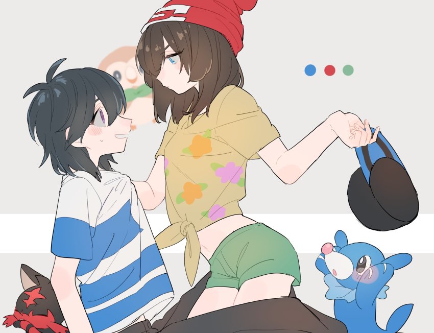 1boy, 1girl, baseball_cap, beanie, black_hair, blush, clothes_grab, elio_(pokemon)