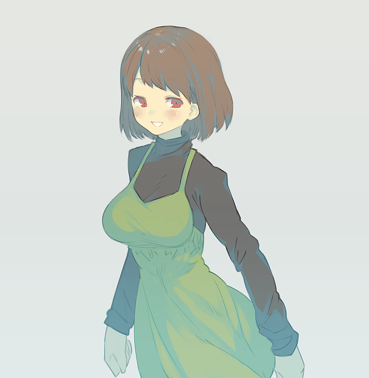 1girl, :d, aged_up, alternate_costume, arms_at_sides, bad_id, bad_pixiv_id, blush, breasts, brown_hair, chara_(undertale), dress, female_chara_(undertale), female_focus, green_dress, grey_background, long_sleeves, looking_at_viewer, medium_breasts, open_mouth, oshiruko_(tsume), pinafore_dress, red_eyes, simple_background, sleeveless, sleeveless_dress, smile, solo, storyshift, tareme, teeth, undertale, upper_body, utdr_(toby_fox)