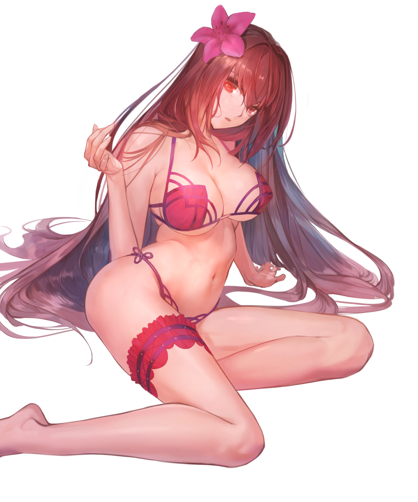 1girl, :o, bikini, breasts, frilled_thigh_strap, cleavage, fate/grand_order, fate_(series), female_focus, flower, hair_flower, hair_ornament, hand_in_own_hair, hands_on_ground, head_tilt, hibiscus, large_breasts, legs, long_hair, navel, open_mouth, pink_bikini, purple_bikini, purple_hair, red_eyes, scathach_(fate), scathach_(fate/grand_order), scathach_(swimsuit_assassin)_(fate), side-tie_bikini_bottom, simple_background, sitting, solo, swimsuit, thigh_strap, thighs, underboob, white_background, ya99ru