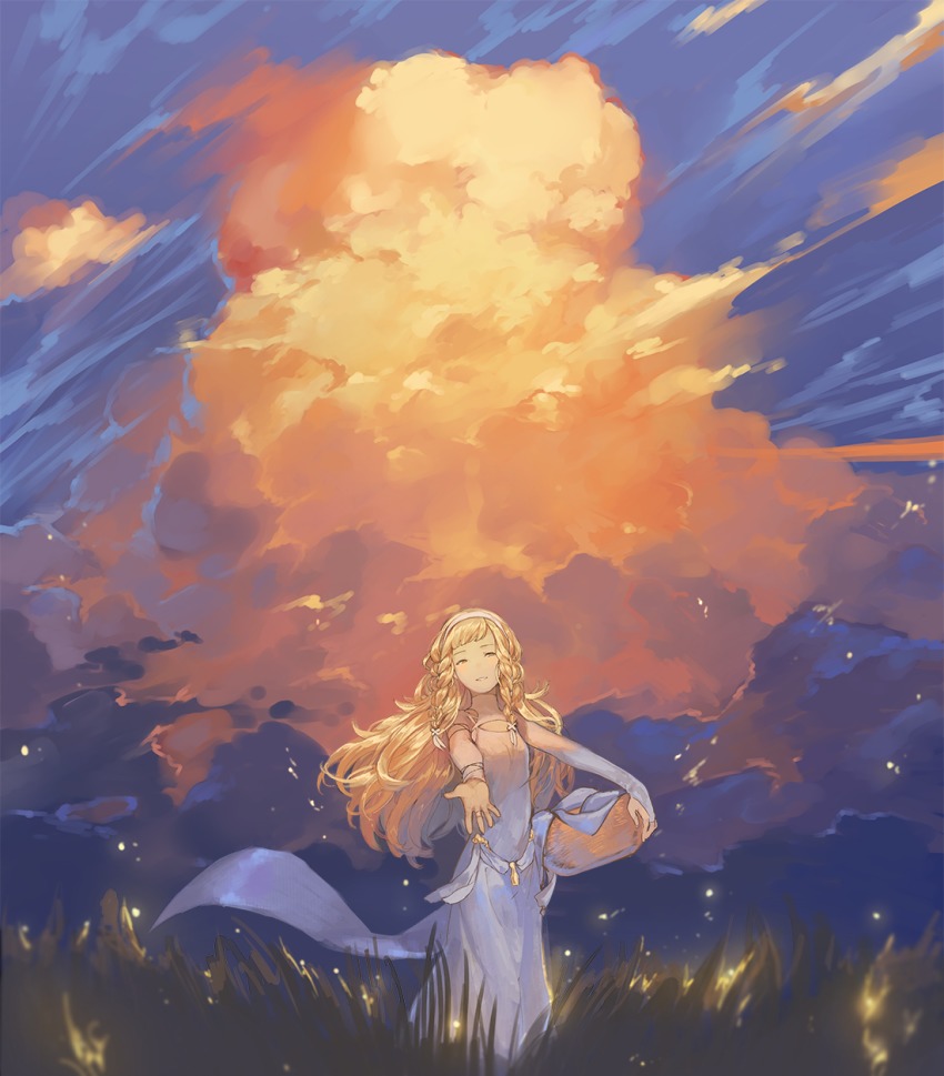 10s, 1girl, blonde_hair, braid, cloud, dress, female_focus, grass