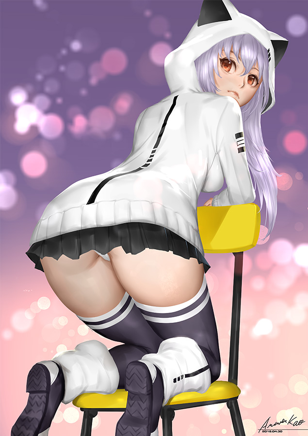 1girl, animal_hood, ariverkao, ass, azuma_lim, black_thighhighs, blurry, blurry_background