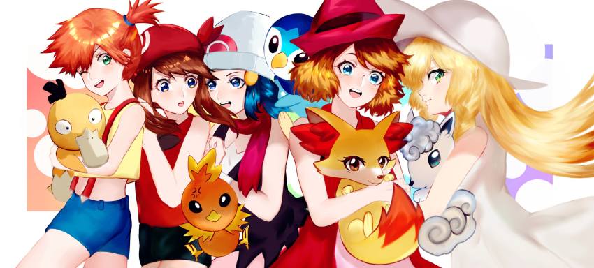 5girls, absurdres, alolan_form, alolan_vulpix, dawn_(pokemon), fennekin, gen_1_pokemon, gen_3_pokemon