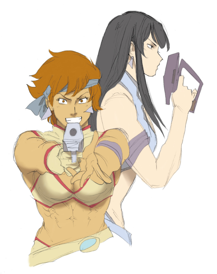 2girls, abs, aiming, aiming_at_viewer, bandana, belt, black_eyes, black_hair