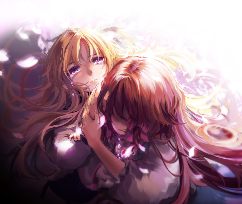 2girls, blonde_hair, brown_hair, crying, highres, hug, kirame_kirai, lisette_(pocket_mirror), long_hair, lying, multiple_girls, official_art, petals, pocket_mirror, purple_eyes, ribbon, sad, spoilers