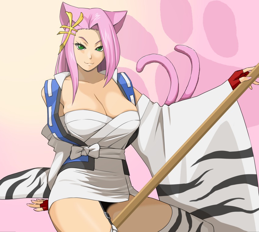 1girl, animal_ears, animal_print, breasts, cat_ears, cat_tail, cleavage, eyelashes