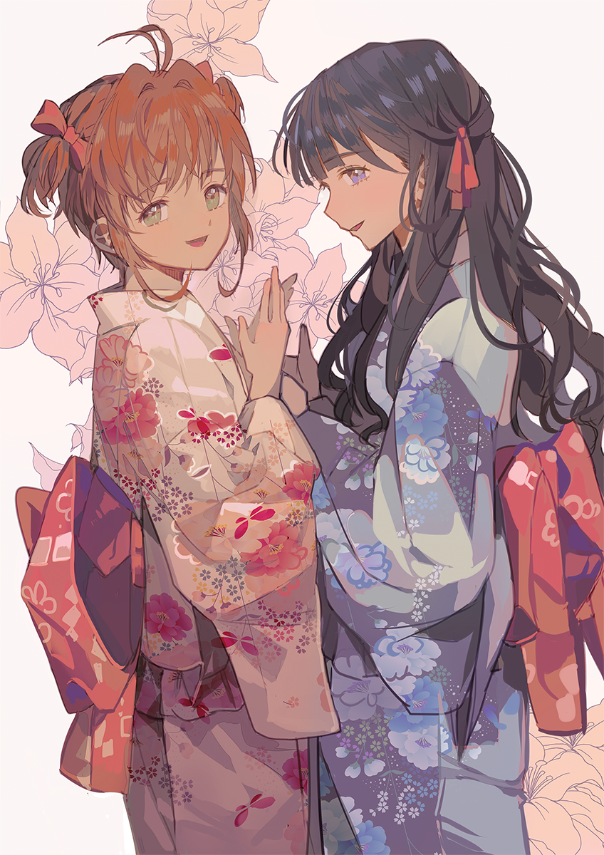 2girls, antenna_hair, black_hair, blue_eyes, blue_kimono, brown_hair, cardcaptor_sakura, daidouji_tomoyo