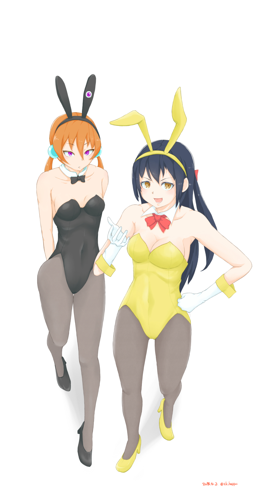 2girls, absurdres, agent_aika, aika_(series), alisa_southerncross, alternate_costume, animal_ears, artist_name, bare_arms, bare_shoulders, black_footwear, black_leotard, blue_hair, bow, bowtie, breasts, brown_eyes, cleavage, crossover, dated, delmo, detached_collar, eyebrows, fake_animal_ears, female_focus, golden_delmo, hair_bobbles, hair_ornament, hairband, high_heels, highres, keroro_gunsou, leotard, long_hair, looking_at_viewer, low_twintails, medium_breasts, multiple_girls, nebula_(keroro), open_mouth, orange_hair, pantyhose, pink_eyes, playboy_bunny, rabbit_ears, rie_petoriyacowa, simple_background, skin_tight, strapless, strapless_leotard, takasugi_heppu, thighs, twintails, very_long_hair, wrist_cuffs, yellow_footwear, yellow_leotard
