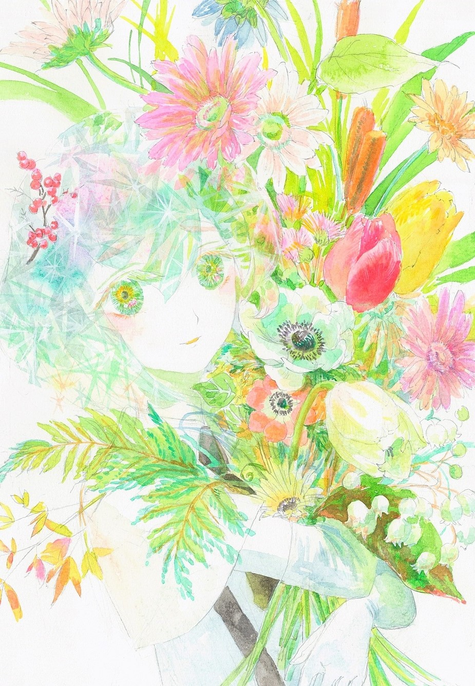 1other, androgynous, colored_eyelashes, diamond_(houseki_no_kuni), flower, gem_uniform_(houseki_no_kuni), highres, houseki_no_kuni, multicolored_eyes, multicolored_hair, necktie, painting_(medium), plant, rainbow_eyes, rainbow_hair, short_hair, smile, solo, sonota1614, sparkle, suspenders, traditional_media, watercolor_(medium)