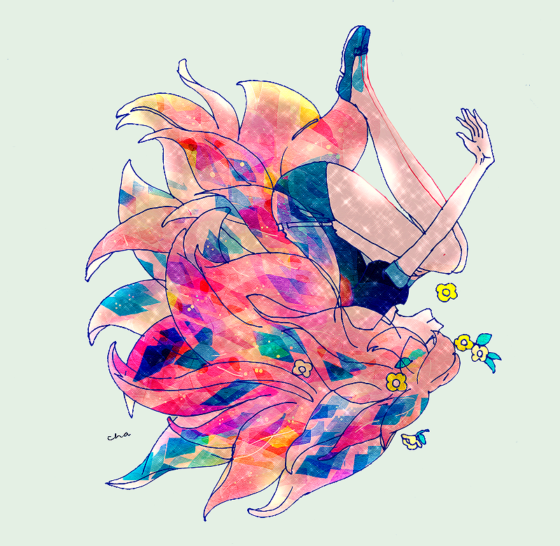 1other, androgynous, bad_id, bad_pixiv_id, ballpoint_pen_(medium), closed_eyes, flower, gem_uniform_(houseki_no_kuni), houseki_no_kuni, long_hair, morganite_(houseki_no_kuni), multicolored_hair, nanashi_(na74), pen_(medium), pink_hair, smile, solo, traditional_media, upside-down, very_long_hair