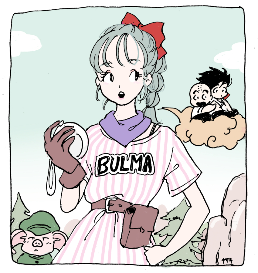 1girl, 3boys, :d, :o, bag, bald, belt, black_eyes