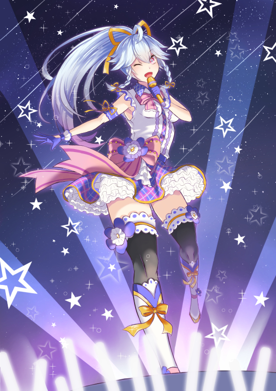 ;d, ahoge, armband, black_legwear, blue_gloves, blue_hair, boots, bow