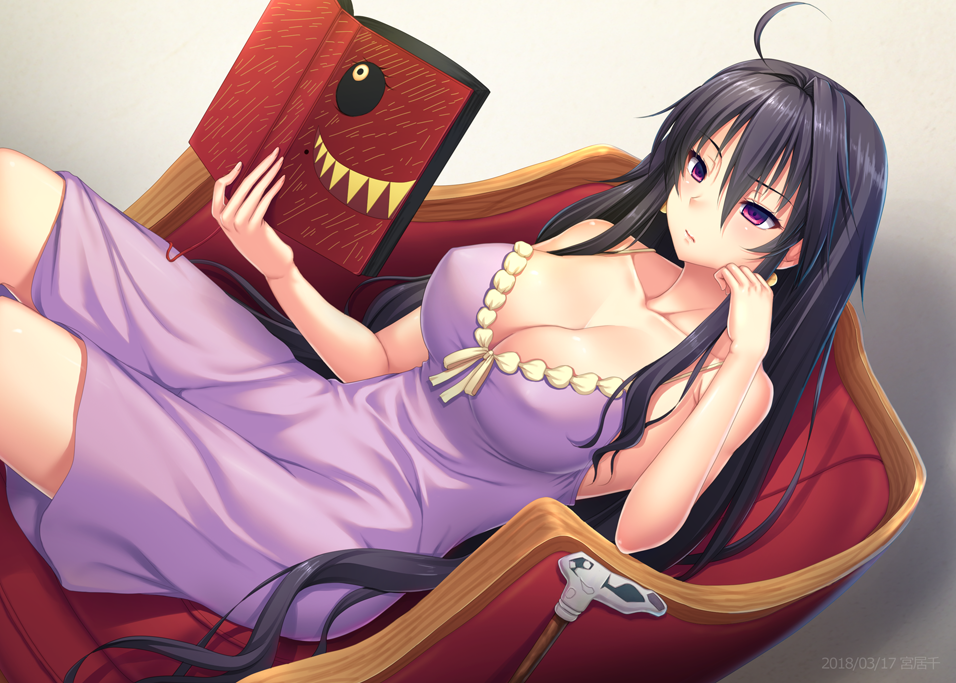 1girl, ahoge, bare_shoulders, black_hair, book, breasts, cane, cleavage, commentary_request, dronia_(majo_no_ryodan), dronya, dutch_angle, female_focus, hair_between_eyes, head_rest, holding, holding_book, large_breasts, long_hair, miyai_sen, nightgown, purple_eyes, purple_nightgown, reading, refrain_no_chika_meikyuu_to_majo_no_ryodan, sitting, solo, solo_focus, very_long_hair, youro_rekitei