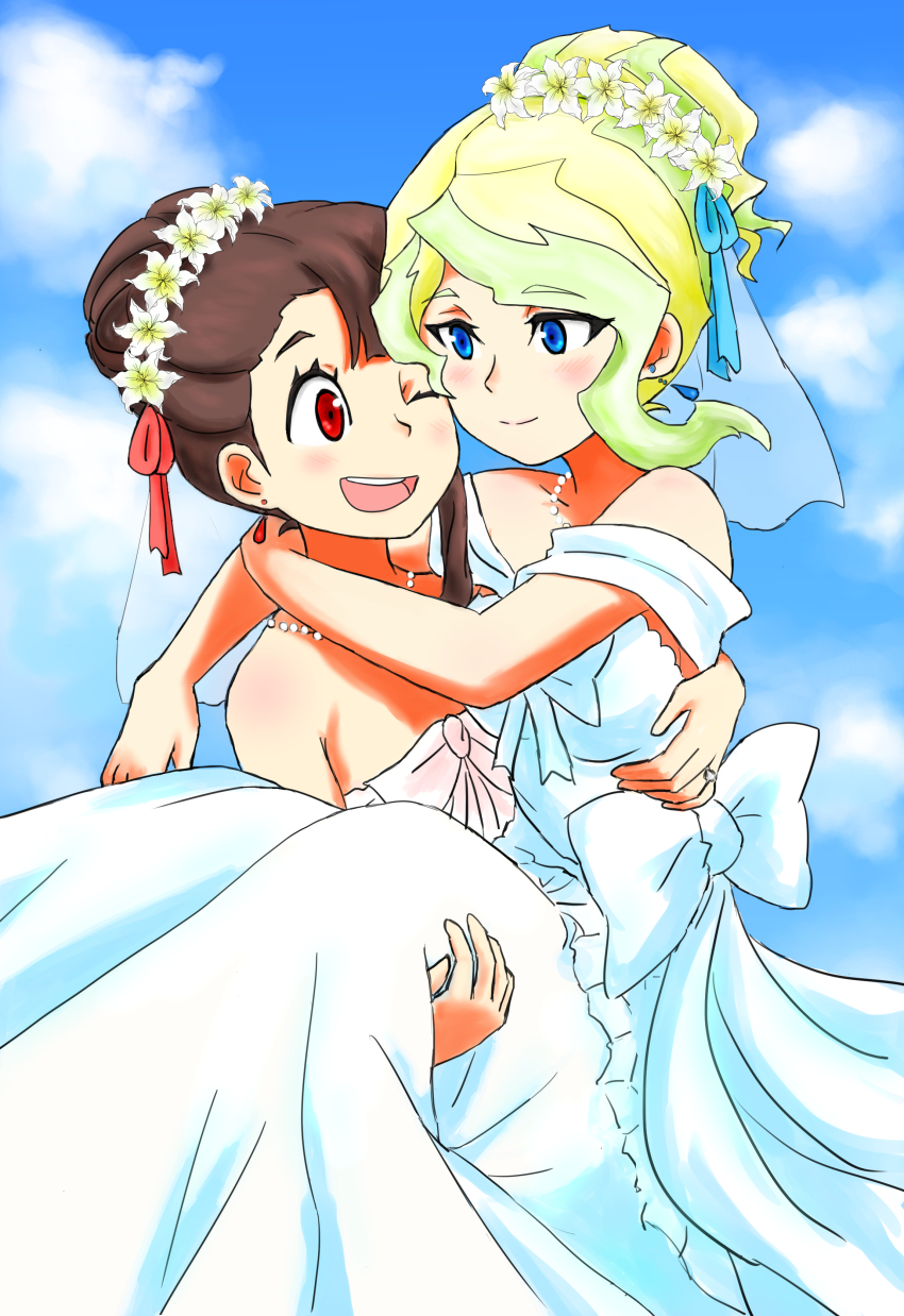 2girls, a50926123, absurdres, blonde_hair, blue_eyes, bridal_veil, brown_hair, carrying, commentary_request, diana_cavendish, dress, flower, hair_flower, hair_ornament, highres, kagari_atsuko, little_witch_academia, multiple_girls, princess_carry, red_eyes, veil, wedding_dress, wife_and_wife, yuri