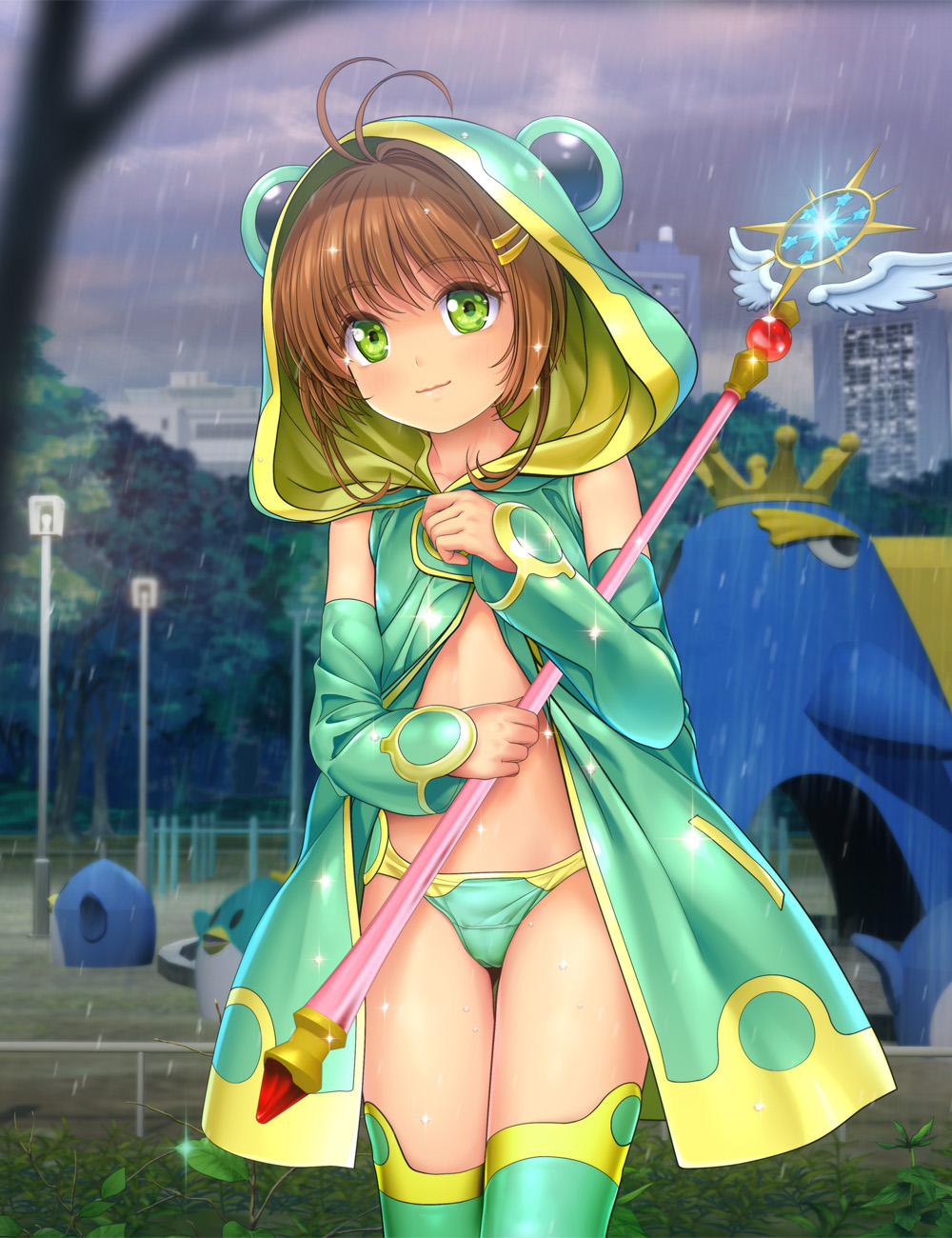 1girl, ahoge, animal_hood, bikini, bikini_bottom_only, bikini_under_clothes, brown_hair, building, cameltoe, cardcaptor_sakura, cardcaptor_sakura_clear_card_arc, cloud, coat, commentary_request, detached_sleeves, female_focus, frog_hood, green_bikini, green_coat, green_eyes, green_panties, green_thighhighs, hair_ornament, hairclip, highres, hood, kinomoto_sakura, kinomoto_sakura_(frog), lamppost, mutsuki_(moonknives), nearly_naked_coat, no_pants, open_clothes, open_coat, outdoors, panties, playground, rain, raincoat, short_hair, smile, solo, swimsuit, swimsuit_under_clothes, thighhighs, underwear, wand, yume_no_tsue